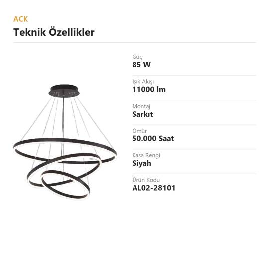 ACK 85W Çok Katlı (Halkalı) Devasa Dekoratif Sarkıt Avize 50x60x70 cm (3 Katlı Asimetrik Halka) Siyah Kasa AL02-28101 - 4