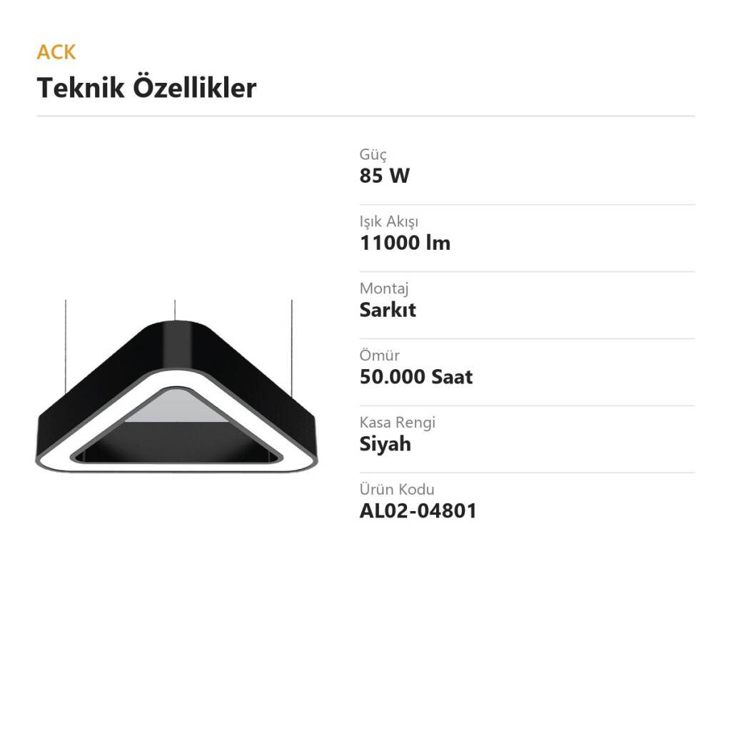 ACK 85W Geniş Çaplı Dekoratif Linear Sarkıt Armatür 80cmx80cm Üçgen Siyah Kasa AL02-04801 - 4