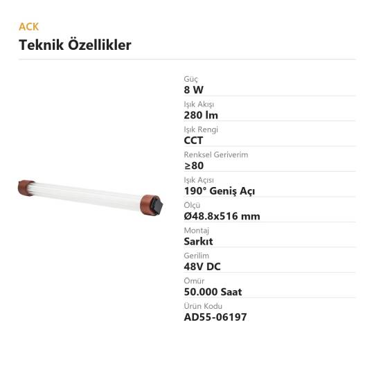 ACK 8W CCT (3 Renk) 48V Loomis Kemerli Sistem Armatürü Yatay Tüp (Boru) Sarkıt (Koyu Kırmızı (Dark Red) + PMMA) AD55-06197 - 4