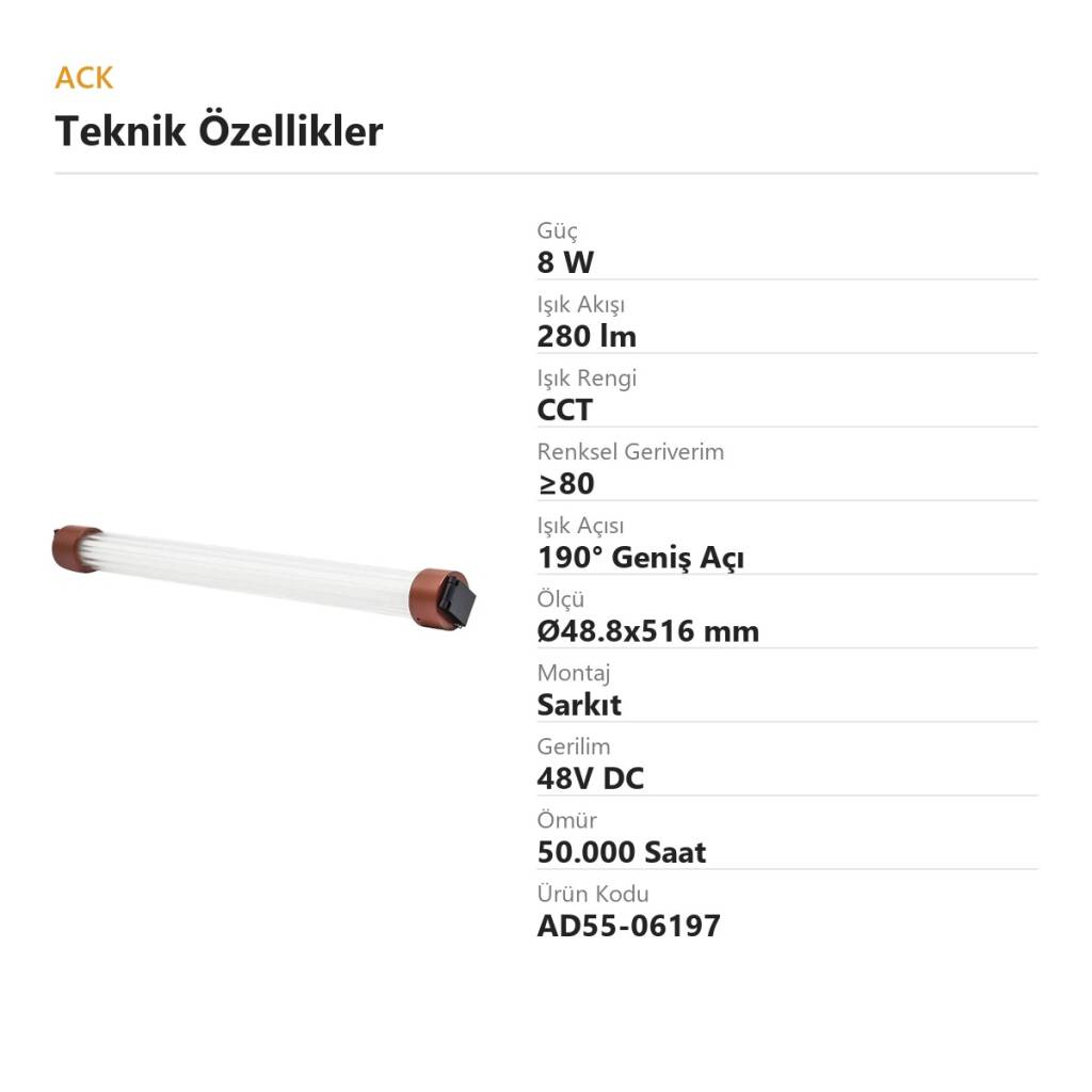 ACK 8W CCT (3 Renk) 48V Loomis Kemerli Sistem Armatürü Yatay Tüp (Boru) Sarkıt (Koyu Kırmızı (Dark Red) + PMMA) AD55-06197 - 4