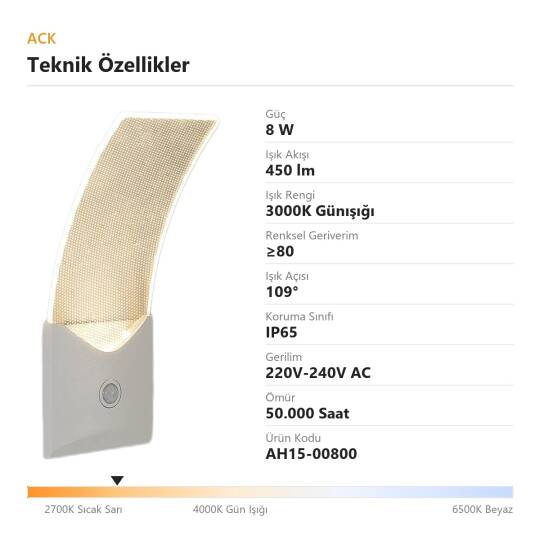 ACK 8W 3000K Günışığı 450lm Sensörlü Alüminyum Duvar Apliği (Beyaz) AH15-00800 - 4