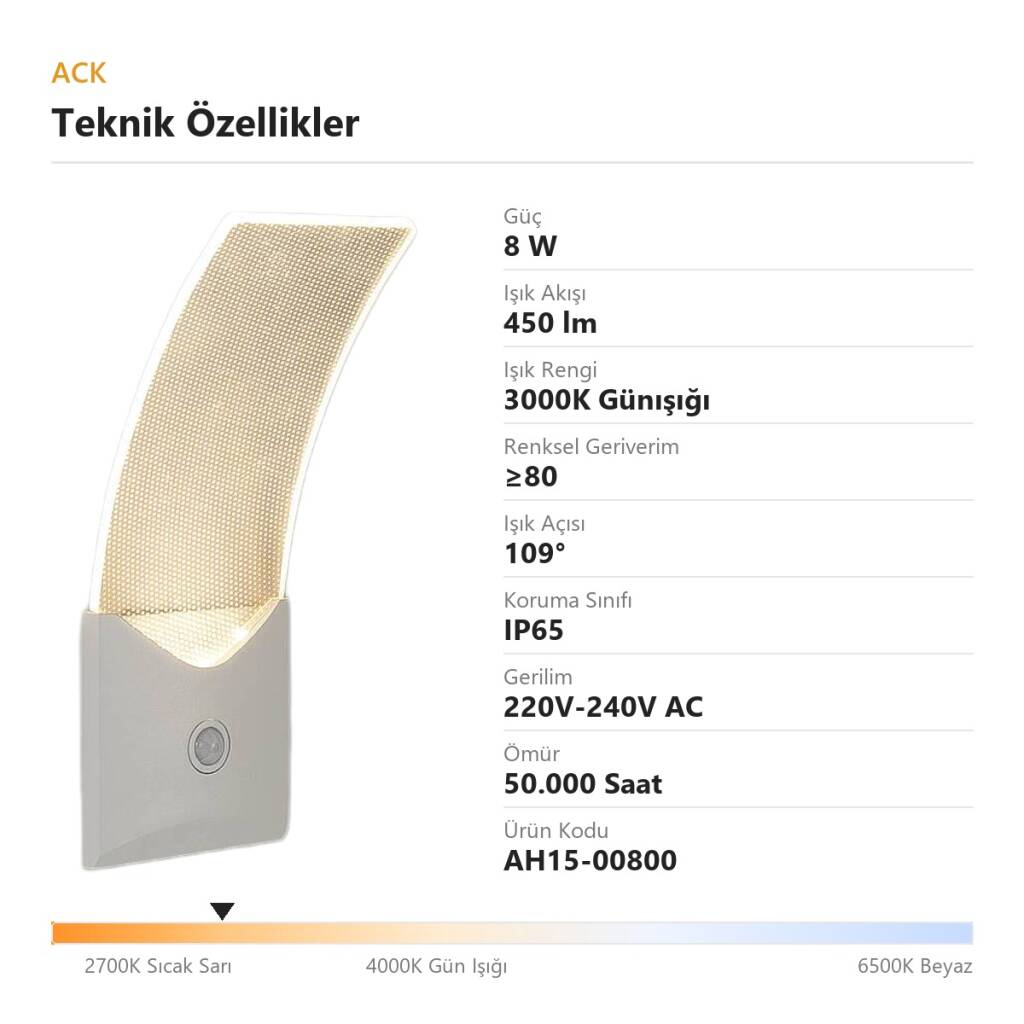 ACK 8W 3000K Günışığı 450lm Sensörlü Alüminyum Duvar Apliği (Beyaz) AH15-00800 - 4