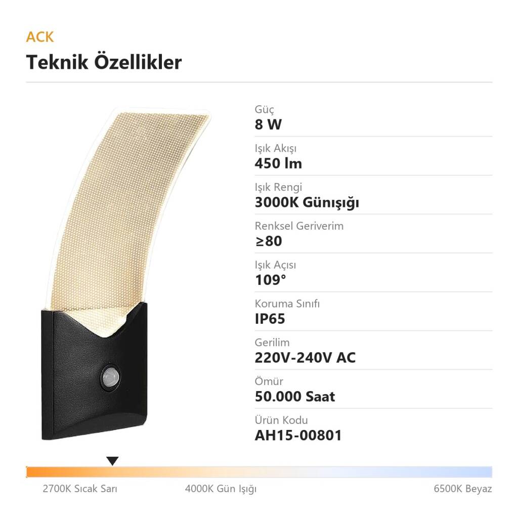 ACK 8W 3000K Günışığı 450lm Sensörlü Alüminyum Duvar Apliği (Siyah) AH15-00801 - 4
