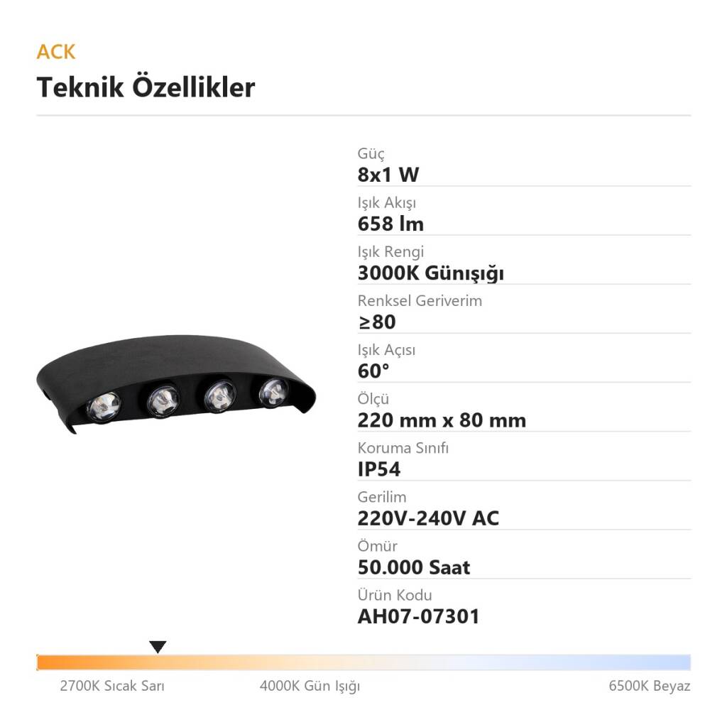 ACK 8x1W 3000K Günışığı 658 lm Alüminyum Dekoratif Duvar Apliği AH07-07301 - 4