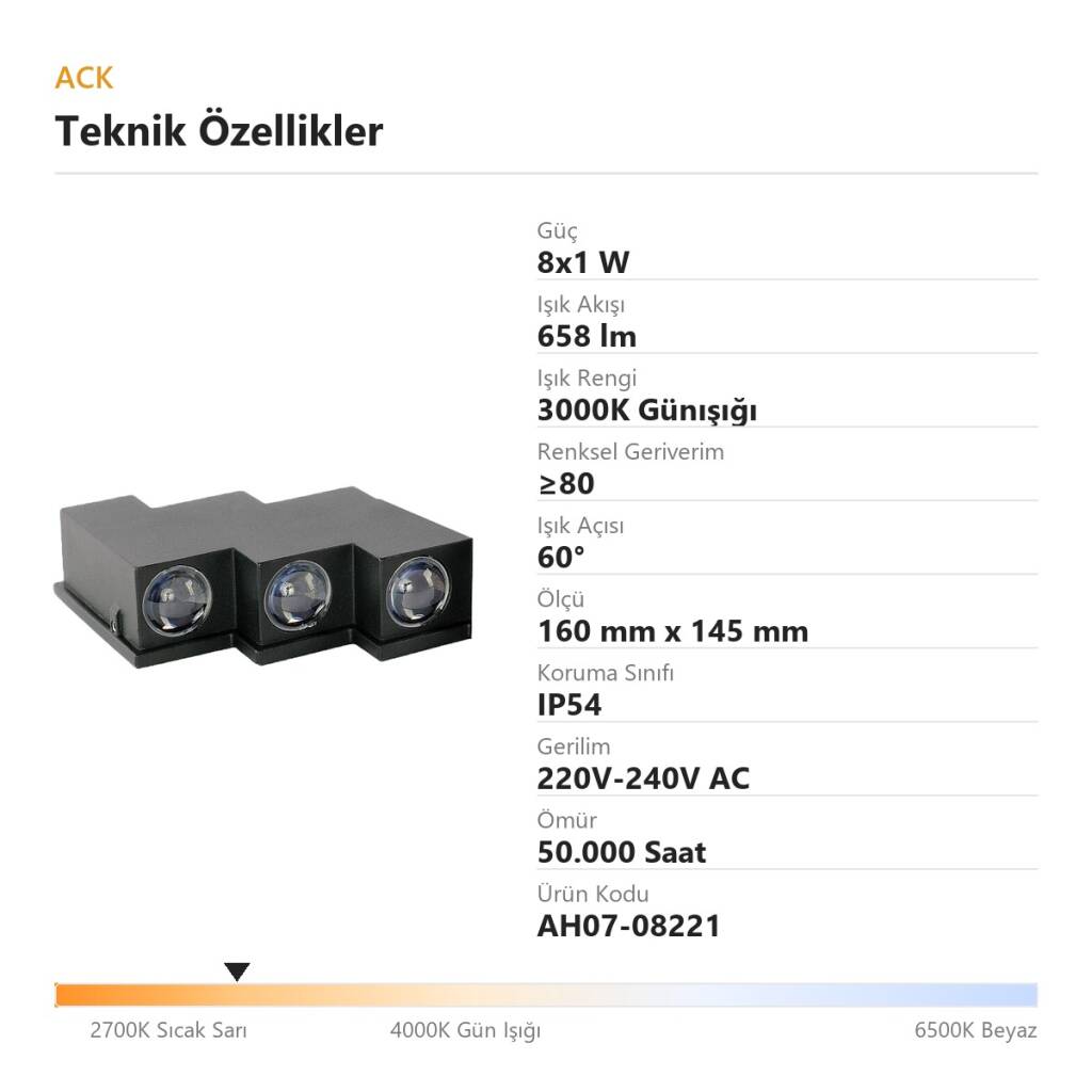 ACK 8x1W 3000K Günışığı 658 lm Alüminyum Dekoratif Duvar Apliği AH07-08221 - 4