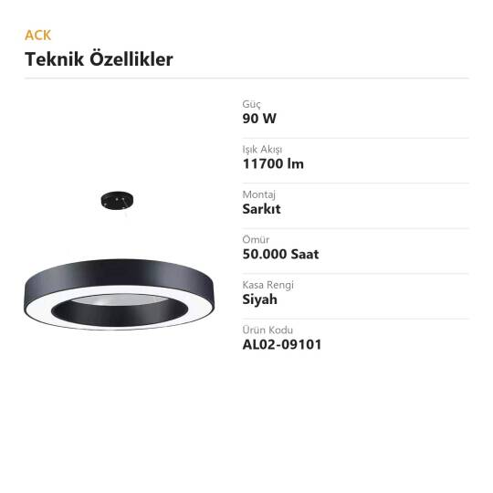 ACK 90W Geniş Çaplı Dekoratif Linear Sarkıt Armatür Ø100 cm Yuvarlak Halka Siyah Kasa AL02-09101 - 4
