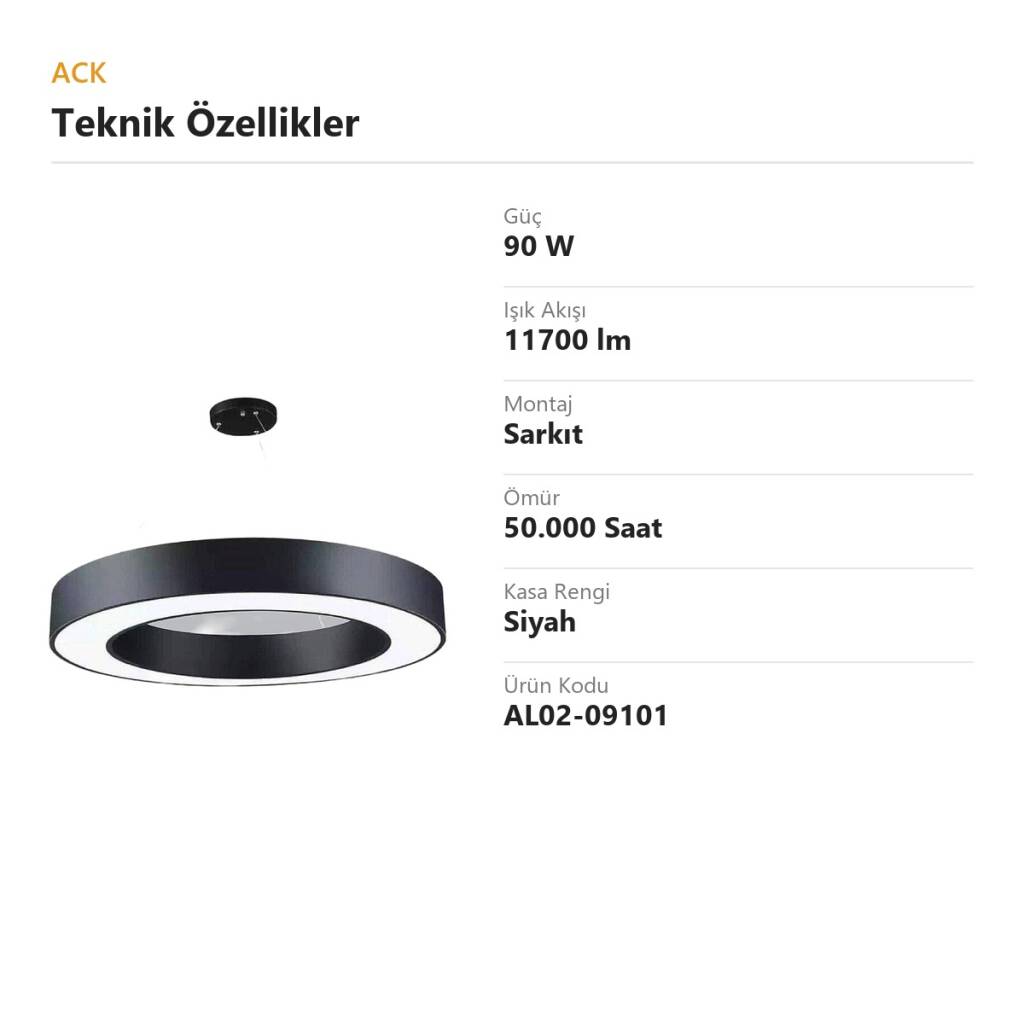 ACK 90W Geniş Çaplı Dekoratif Linear Sarkıt Armatür Ø100 cm Yuvarlak Halka Siyah Kasa AL02-09101 - 4