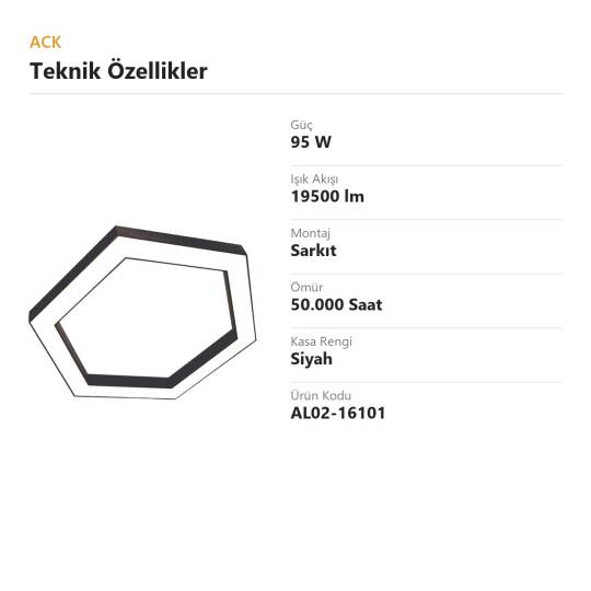 ACK 95W Geniş Çaplı Dekoratif Linear Sarkıt Armatür Ø100 cm Altıgen (Hexagon) Siyah Kasa AL02-16101 - 4