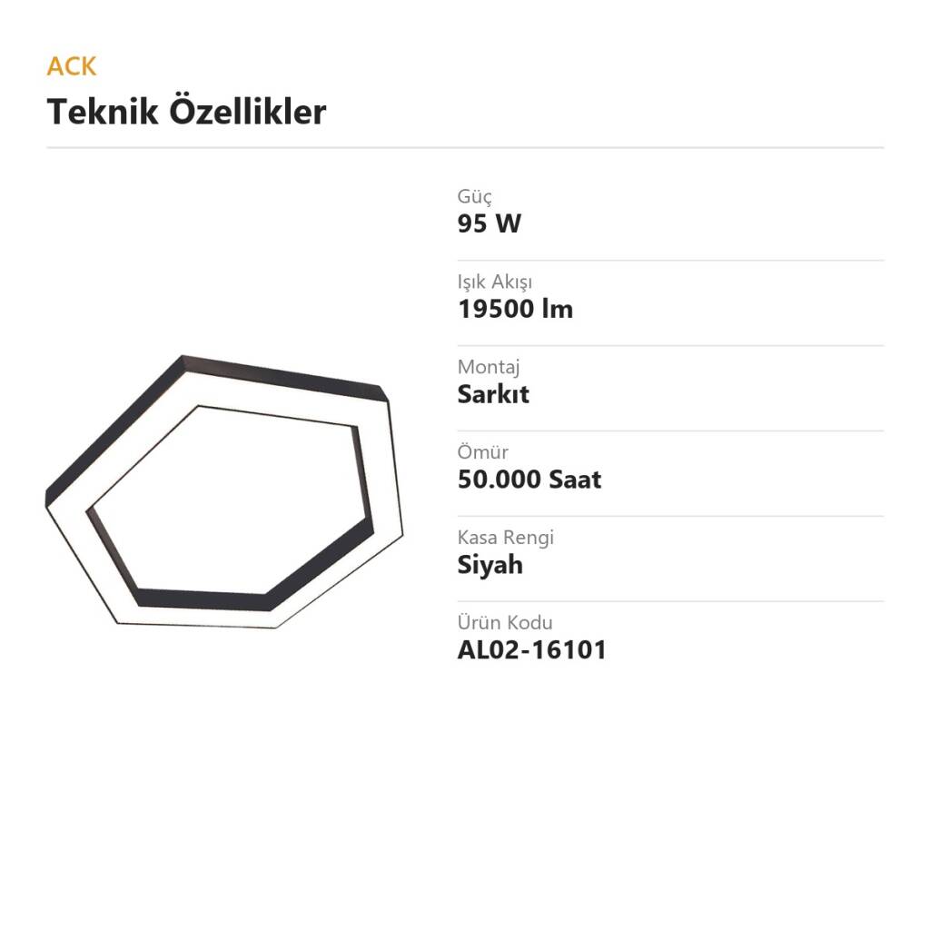 ACK 95W Geniş Çaplı Dekoratif Linear Sarkıt Armatür Ø100 cm Altıgen (Hexagon) Siyah Kasa AL02-16101 - 4