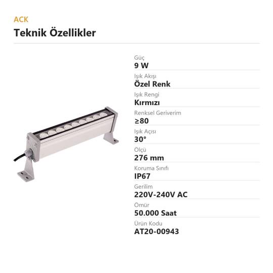 ACK 9W 276mm Kırmızı LED Wallwasher AT20-00943 - 4
