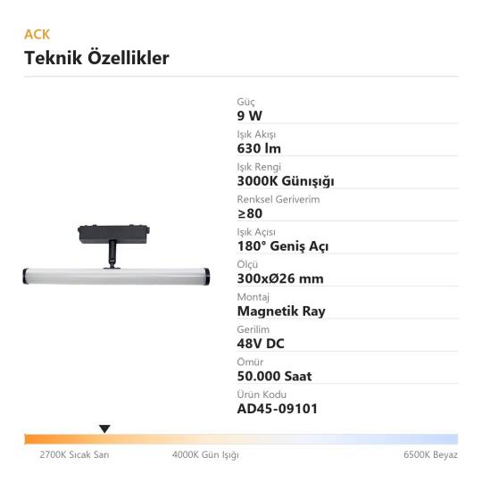 ACK 9W 3000K Günışığı 48V Magnetik Ray Armatürü Düz Silindir Boru Spot AD45-09101 - 4