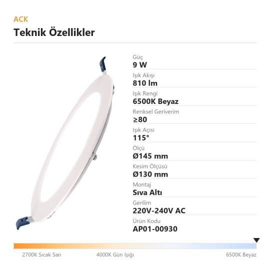 ACK 9W 6500K Beyaz 810lm Sıva Altı Yuvarlak Led Panel (Ø145 mm Beyaz Kasa) AP01-00930 - 4