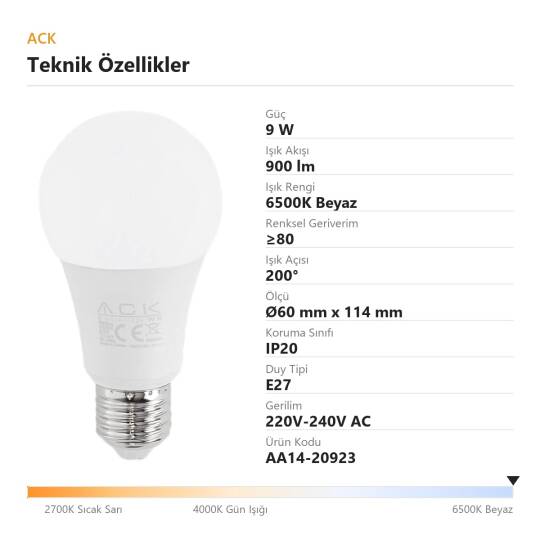 ACK 9W A60 Standart Tip E27 6500K Beyaz 900 lm LED Ampul AA14-20923 - 4