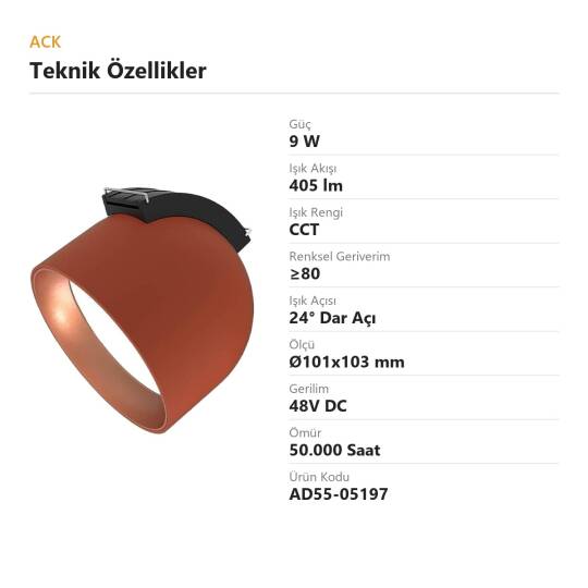 ACK 9W CCT (3 Renk) 48V Loomis Kemerli Sistem Armatürü Açılı Kesik Silindir Spot (Koyu Kırmızı (Dark Red)) AD55-05197 - 4