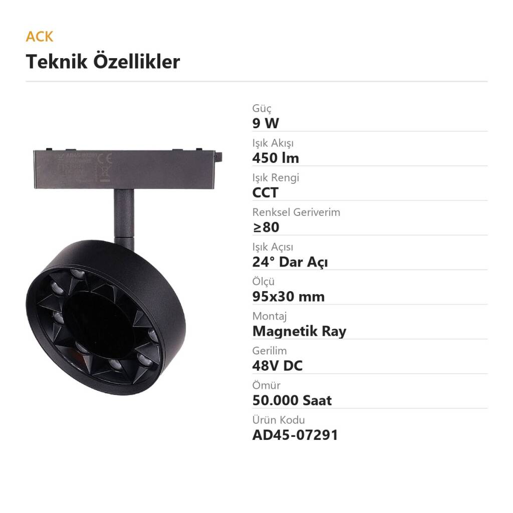 ACK 9W CCT (3 Renk) 48V Magnetik Ray Armatürü Oynar Başlıklı Dekoratif Hücreli (Papatya) Spot AD45-07291 - 4