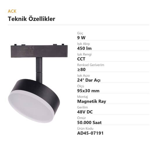 ACK 9W CCT (3 Renk) 48V Magnetik Ray Armatürü Oynar Başlıklı Geniş Yuvarlak Spot AD45-07191 - 4