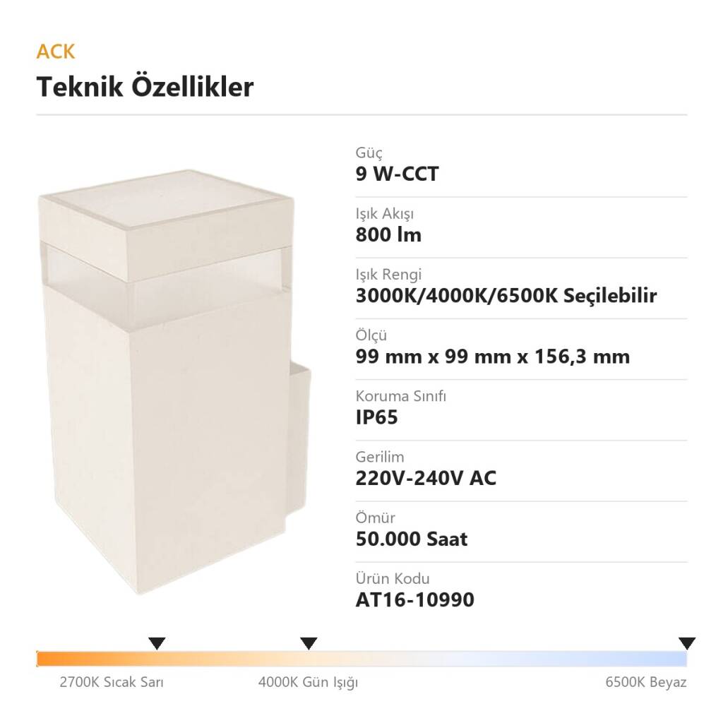 ACK 9W-CCT Seçilebilir Renk Sıcaklıklı 800 lm LED Duvar Apliği (Beyaz) AT16-10990 - 4