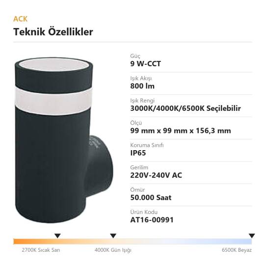 ACK 9W-CCT Seçilebilir Renk Sıcaklıklı 800 lm LED Duvar Apliği (Siyah) AT16-00991 - 4