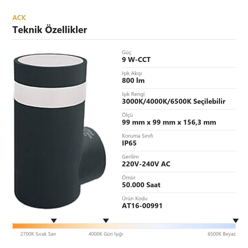 ACK 9W-CCT Seçilebilir Renk Sıcaklıklı 800 lm LED Duvar Apliği (Siyah) AT16-00991 - 4