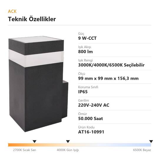 ACK 9W-CCT Seçilebilir Renk Sıcaklıklı 800 lm LED Duvar Apliği (Siyah) AT16-10991 - 4