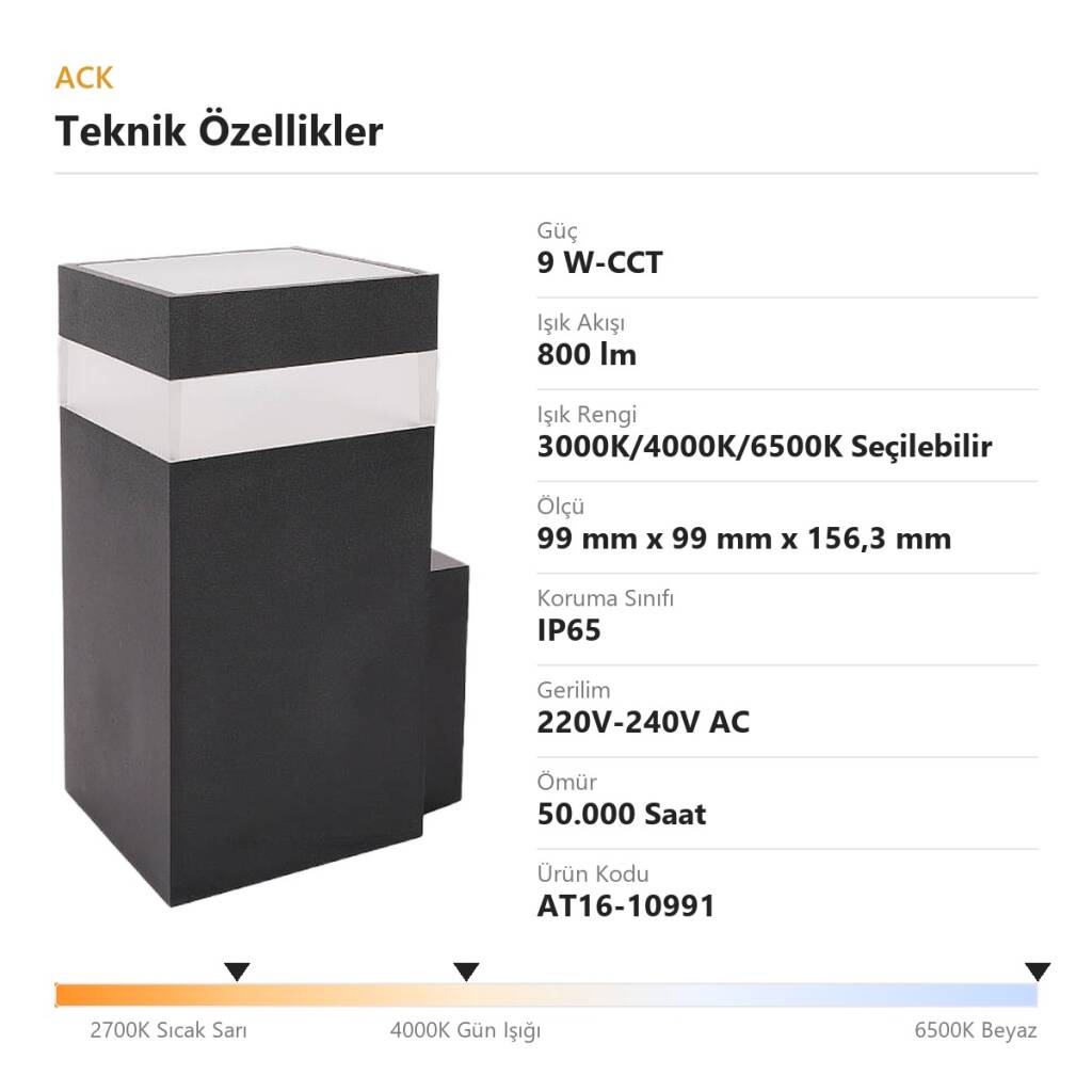 ACK 9W-CCT Seçilebilir Renk Sıcaklıklı 800 lm LED Duvar Apliği (Siyah) AT16-10991 - 4
