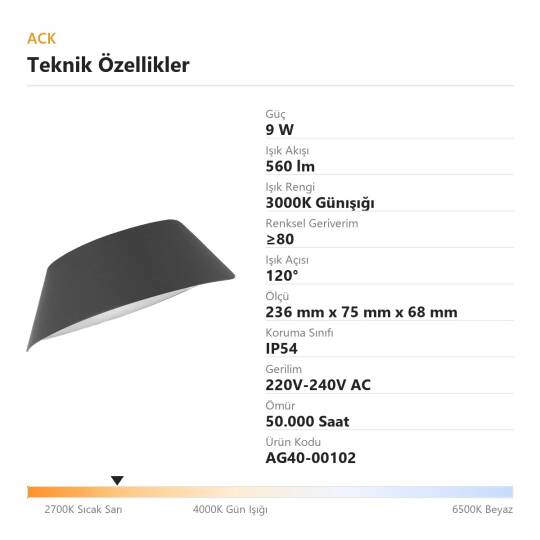 ACK 9W 3000K Günışığı 560 lm Pirus Alüminyum Duvar Apliği (Pirus A) AG40-00102 - 4