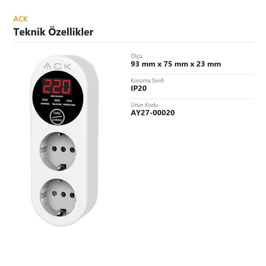 ACK Akım + Voltaj Korumalı Priz (2 Prizli, 15A) (Kod: AY27-00020) - 2