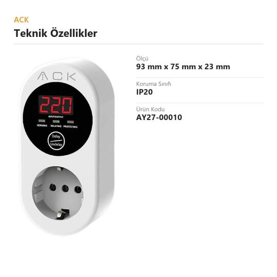ACK Akım + Voltaj Korumalı Priz (Tek Prizli, 15A) (Kod: AY27-00010) - 2
