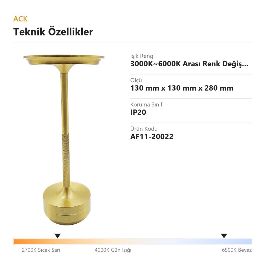 ACK Altın Metal Gövdeli LED Dokunmatik Masa Lambası (3000K~6000K) AF11-20022 - 4
