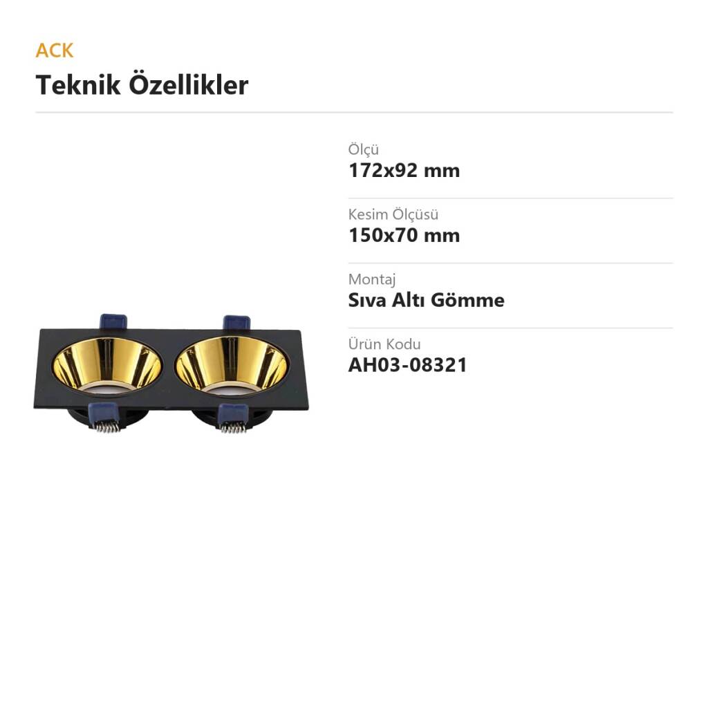 ACK Alüminyum Boş Spot Kasası / Armatürü Dikdörtgen (İkili) (Siyah-Gold) AH03-08321 - 4