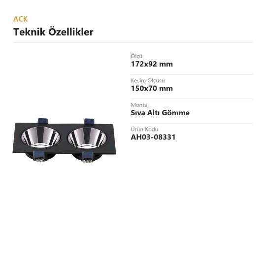 ACK Alüminyum Boş Spot Kasası / Armatürü Dikdörtgen (İkili) (Siyah-Platin) AH03-08331 - 4