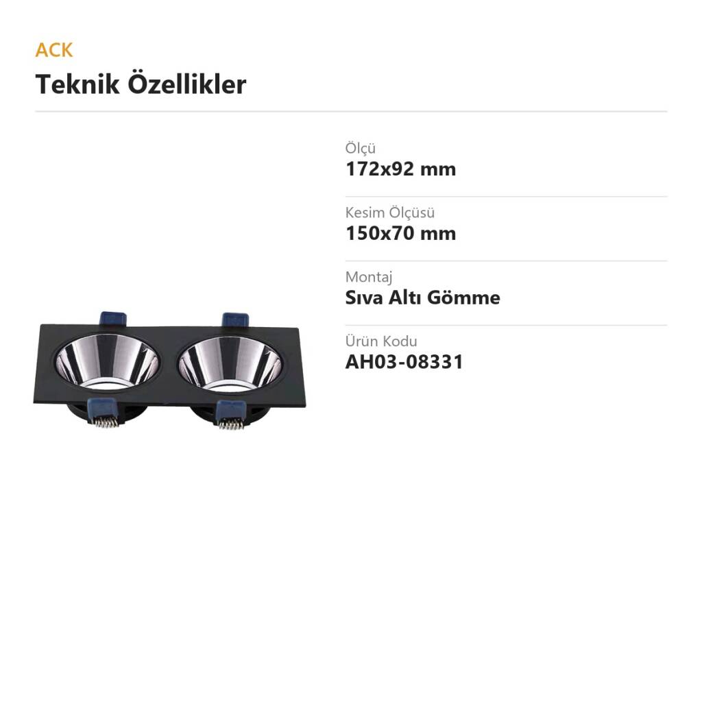 ACK Alüminyum Boş Spot Kasası / Armatürü Dikdörtgen (İkili) (Siyah-Platin) AH03-08331 - 4
