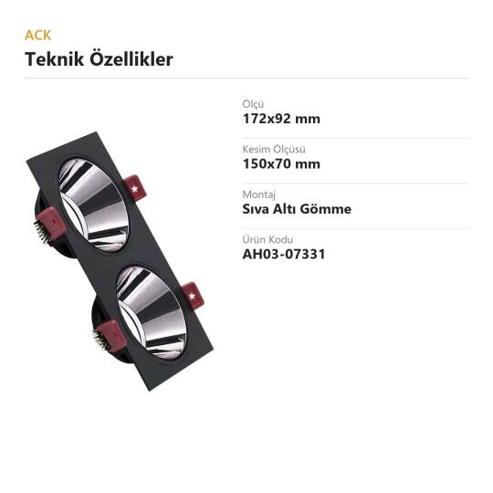 ACK Alüminyum Boş Spot Kasası / Armatürü Dikdörtgen (İkili) (Siyah-Platin Silver) AH03-07331 - 4