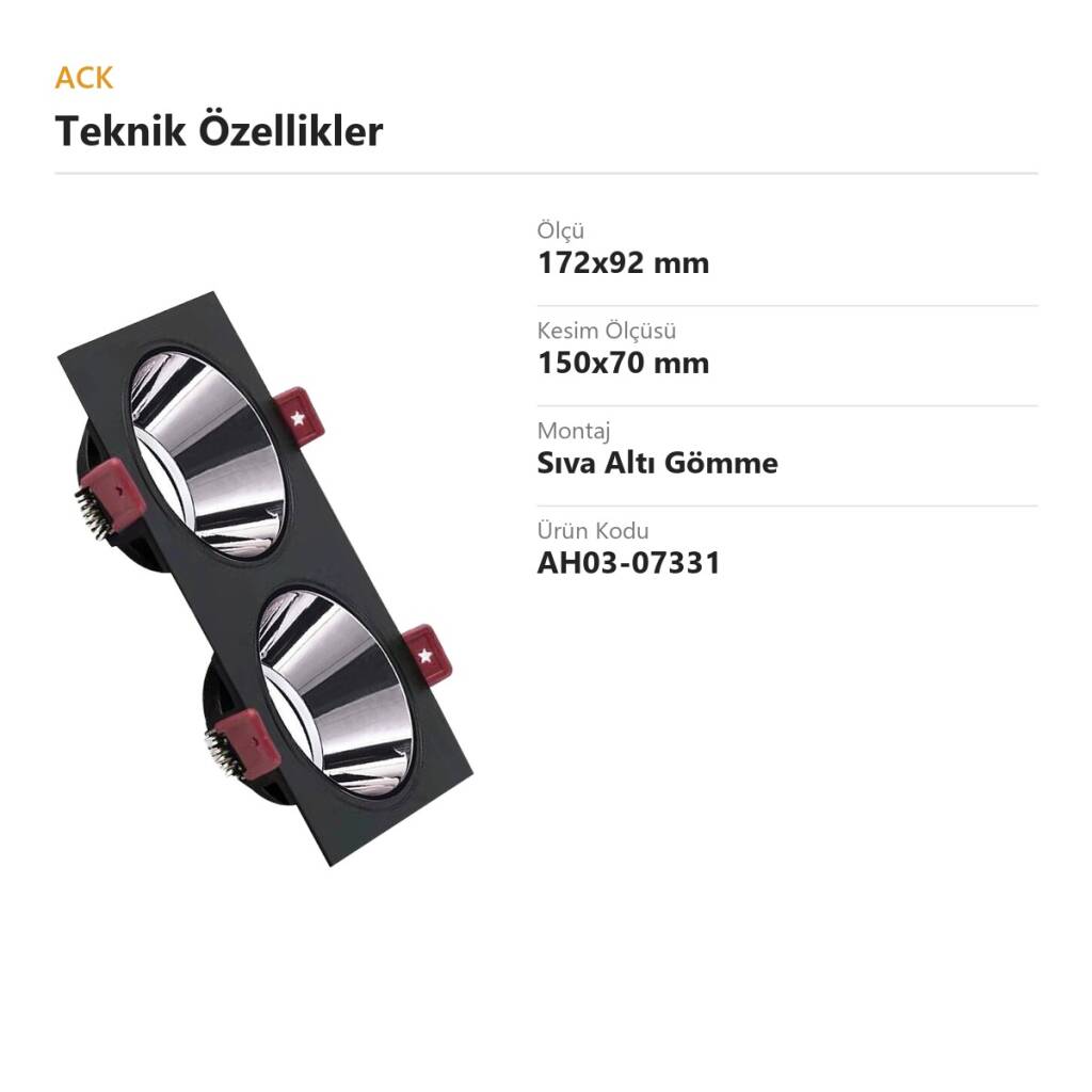 ACK Alüminyum Boş Spot Kasası / Armatürü Dikdörtgen (İkili) (Siyah-Platin Silver) AH03-07331 - 4