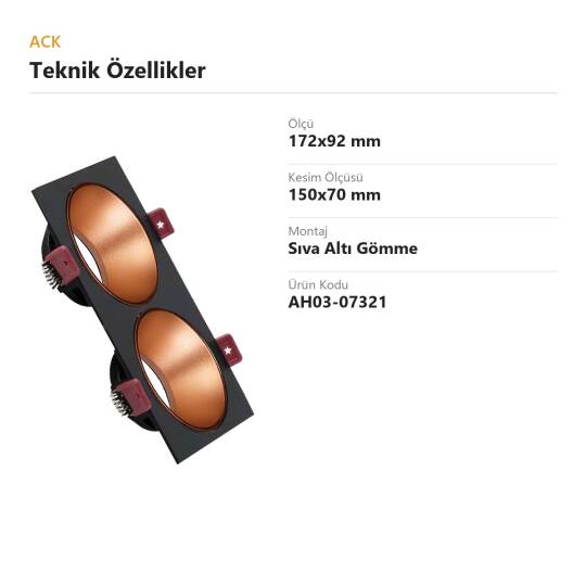 ACK Alüminyum Boş Spot Kasası / Armatürü Dikdörtgen (İkili) (Siyah-Rose Gold) AH03-07321 - 4