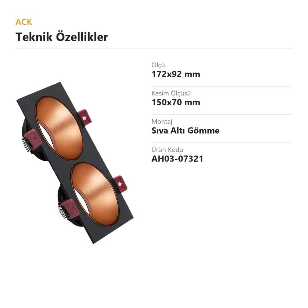 ACK Alüminyum Boş Spot Kasası / Armatürü Dikdörtgen (İkili) (Siyah-Rose Gold) AH03-07321 - 4
