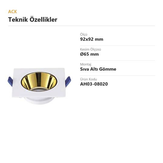 ACK Alüminyum Boş Spot Kasası / Armatürü Kare (Beyaz-Gold) AH03-08020 - 4