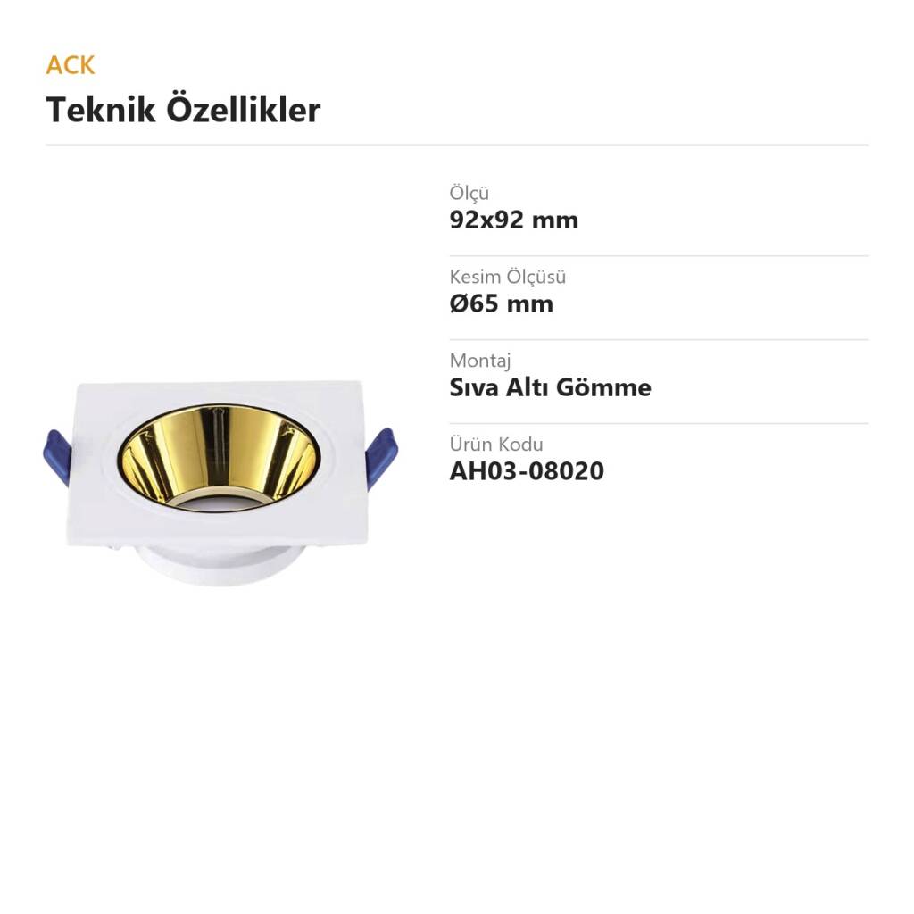ACK Alüminyum Boş Spot Kasası / Armatürü Kare (Beyaz-Gold) AH03-08020 - 4