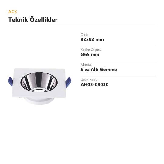 ACK Alüminyum Boş Spot Kasası / Armatürü Kare (Beyaz-Platin) AH03-08030 - 4