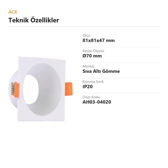 ACK Alüminyum Boş Spot Kasası / Armatürü Kare (Derin) (Beyaz) AH03-04020 - 4