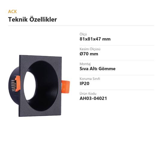 ACK Alüminyum Boş Spot Kasası / Armatürü Kare (Derin) (Siyah) AH03-04021 - 4