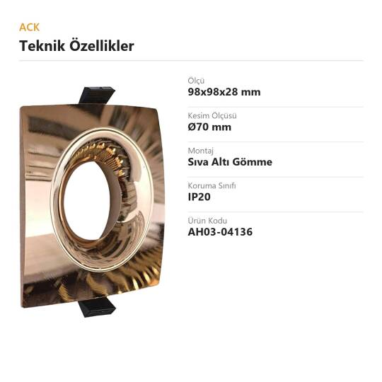 ACK Alüminyum Boş Spot Kasası / Armatürü Kare (Geniş Çerçeve) (Bakır (Copper)) AH03-04136 - 4