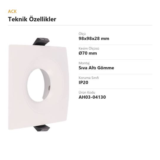 ACK Alüminyum Boş Spot Kasası / Armatürü Kare (Geniş Çerçeve) (Beyaz) AH03-04130 - 4