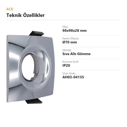 ACK Alüminyum Boş Spot Kasası / Armatürü Kare (Geniş Çerçeve) (Krom (Chrome)) AH03-04135 - 4