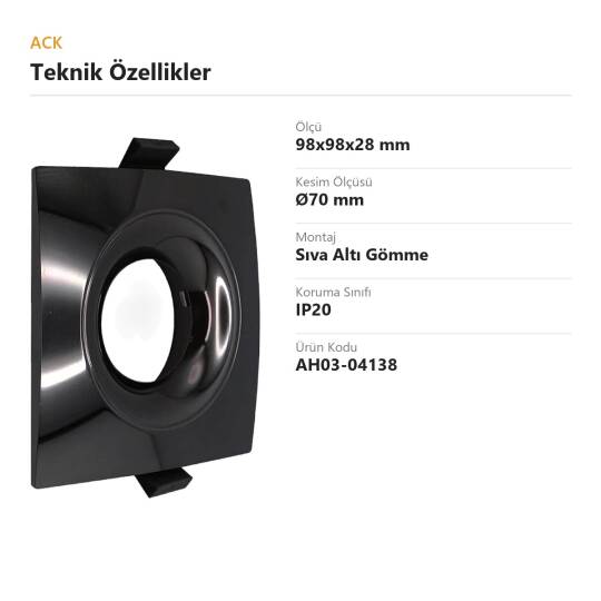 ACK Alüminyum Boş Spot Kasası / Armatürü Kare (Geniş Çerçeve) (Parlak Siyah (P.Black)) AH03-04138 - 4