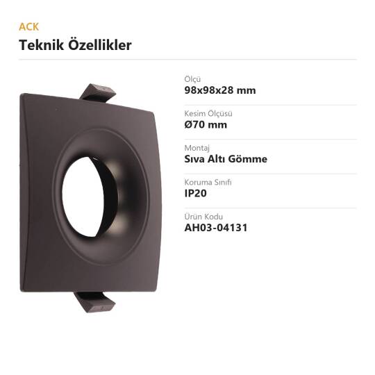 ACK Alüminyum Boş Spot Kasası / Armatürü Kare (Geniş Çerçeve) (Siyah) AH03-04131 - 4