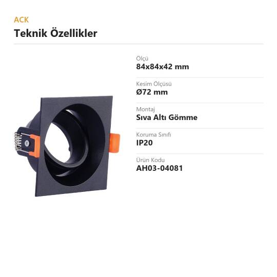 ACK Alüminyum Boş Spot Kasası / Armatürü Kare (Hareketli İç Göbek) (Siyah) AH03-04081 - 4
