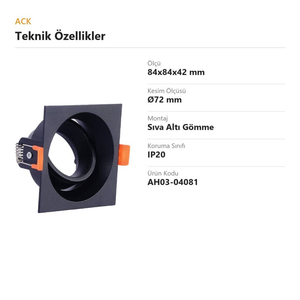 ACK Alüminyum Boş Spot Kasası / Armatürü Kare (Hareketli İç Göbek) (Siyah) AH03-04081 - 4