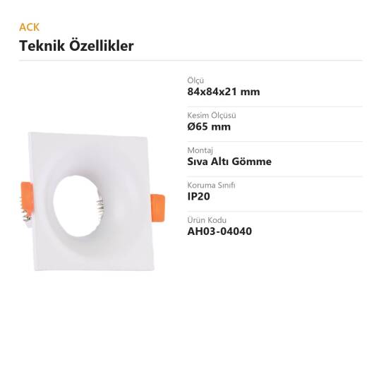 ACK Alüminyum Boş Spot Kasası / Armatürü Kare (İnce) (Beyaz) AH03-04040 - 4