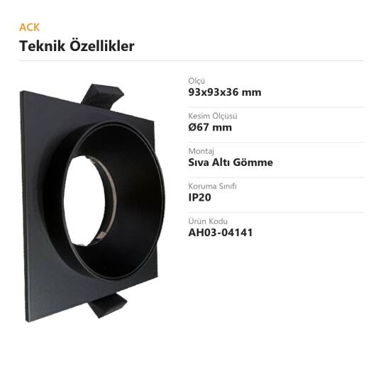 ACK Alüminyum Boş Spot Kasası / Armatürü Kare (Silindir İçli) (Siyah-Siyah (Çift Renk)) AH03-04141 - 4